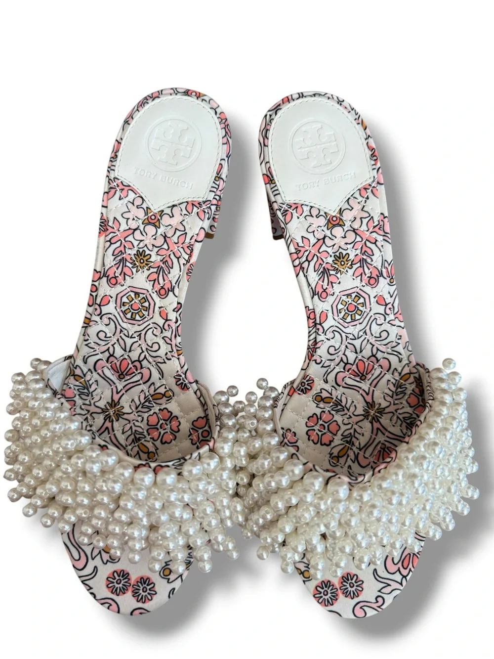 Tory Burch Tatiana‎ Pearly Quilted Block Heel Slides Size 7